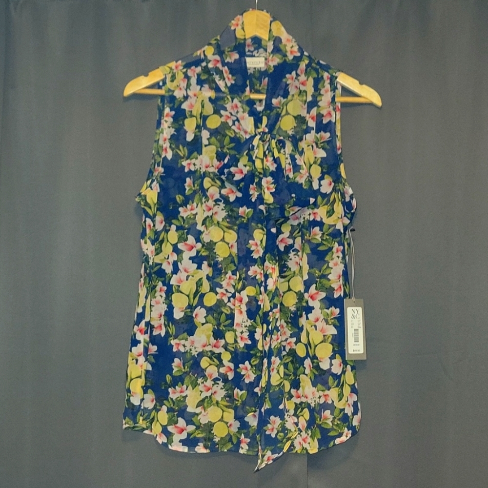 NY&Co Eva Mendes Blue Lemon Print Blouse
